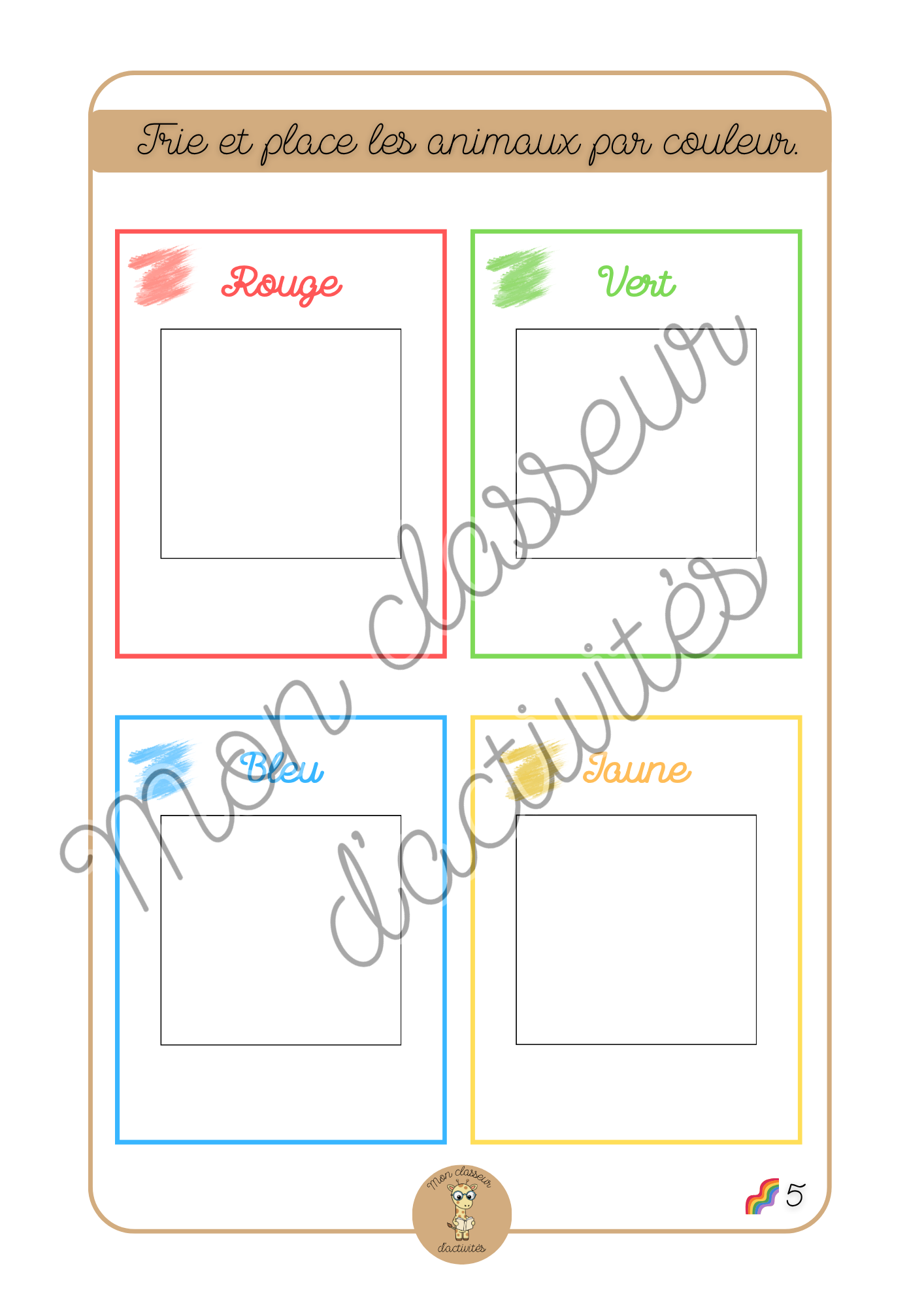 Les couleurs - Fiche 5 "Trie et place les animaux par couleur"