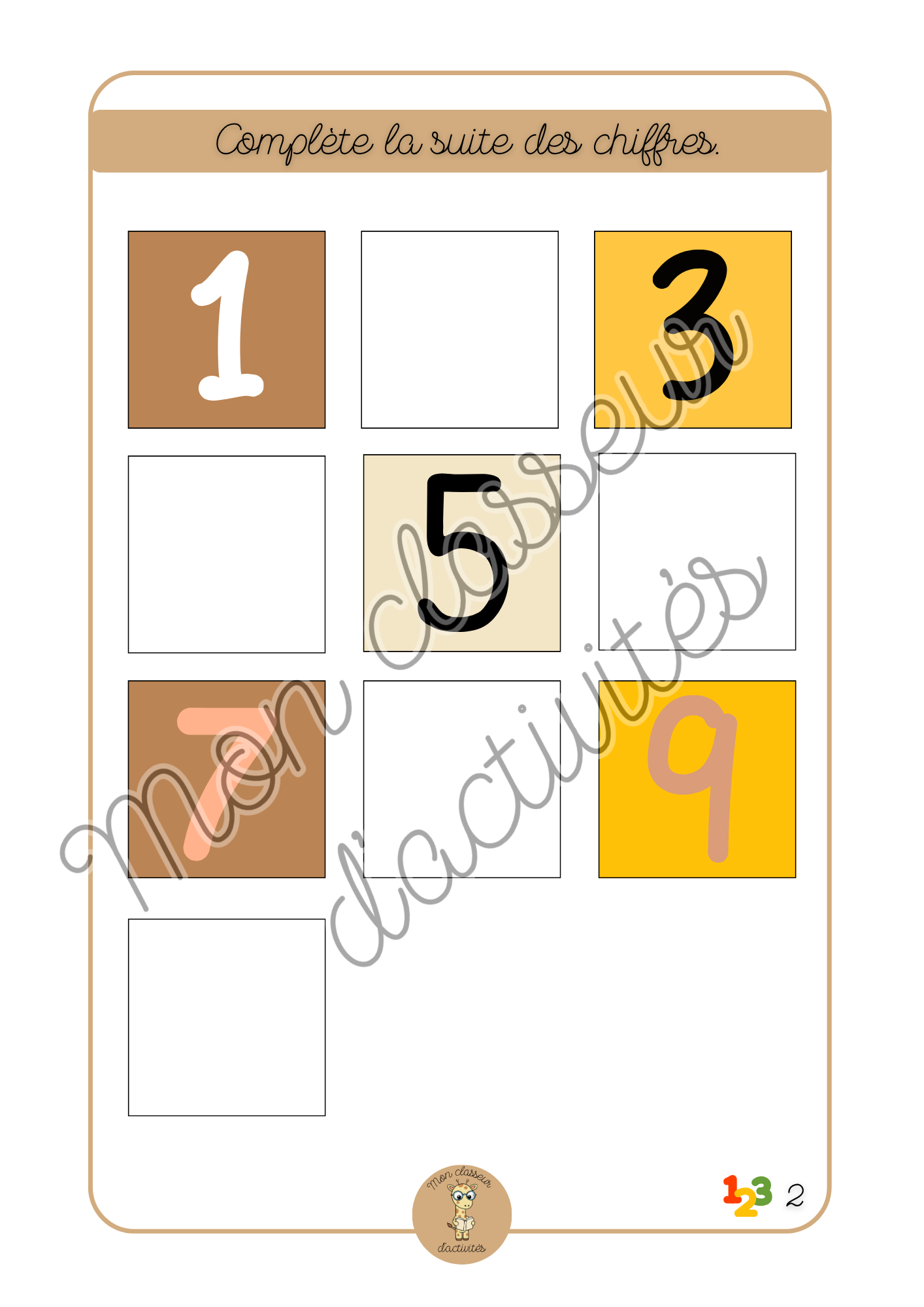 Les chiffres - Fiche 2 "Complète la suite des chiffres"