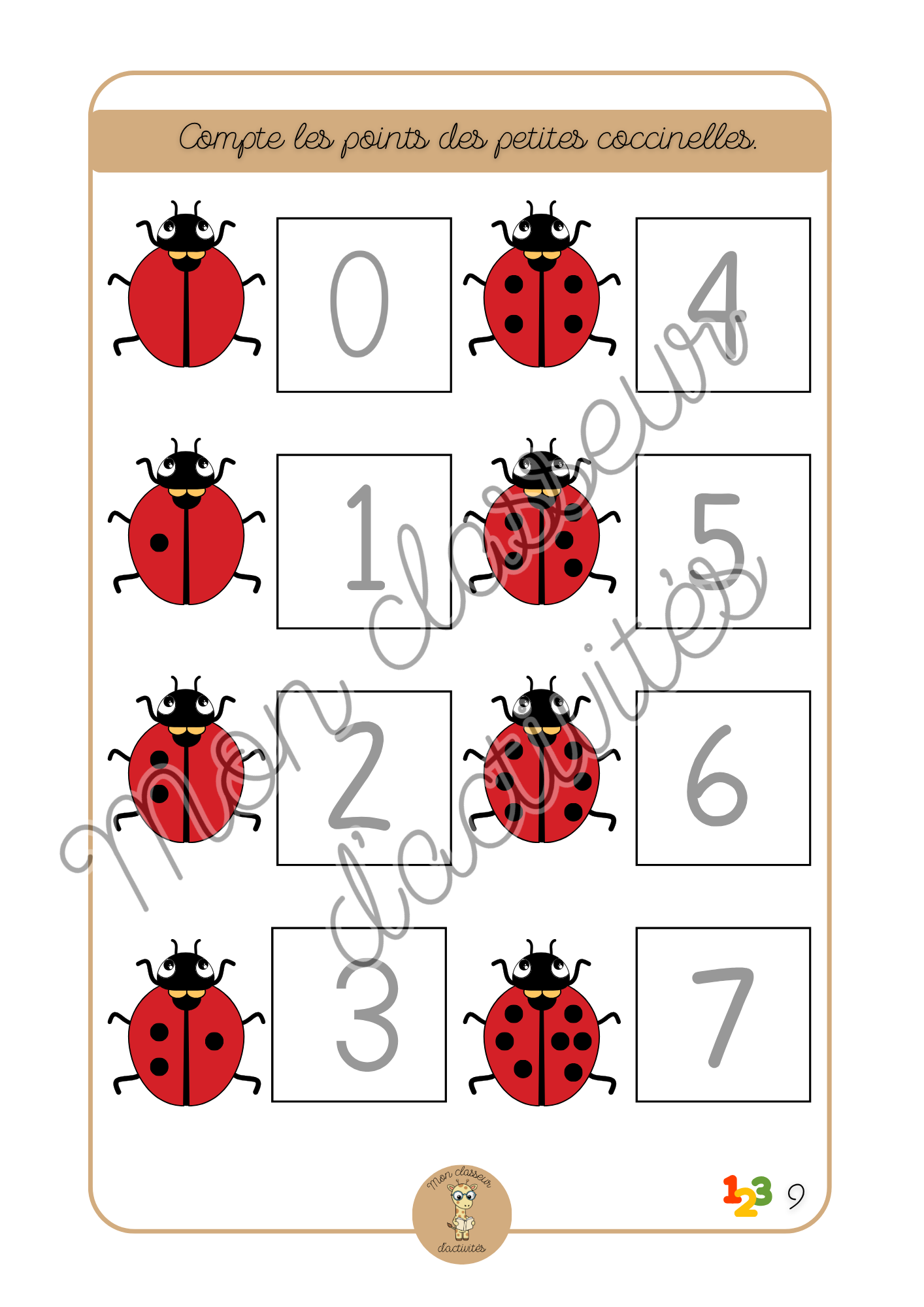 Les chiffres - Fiche 10 "Compte les points des petites coccinelles"