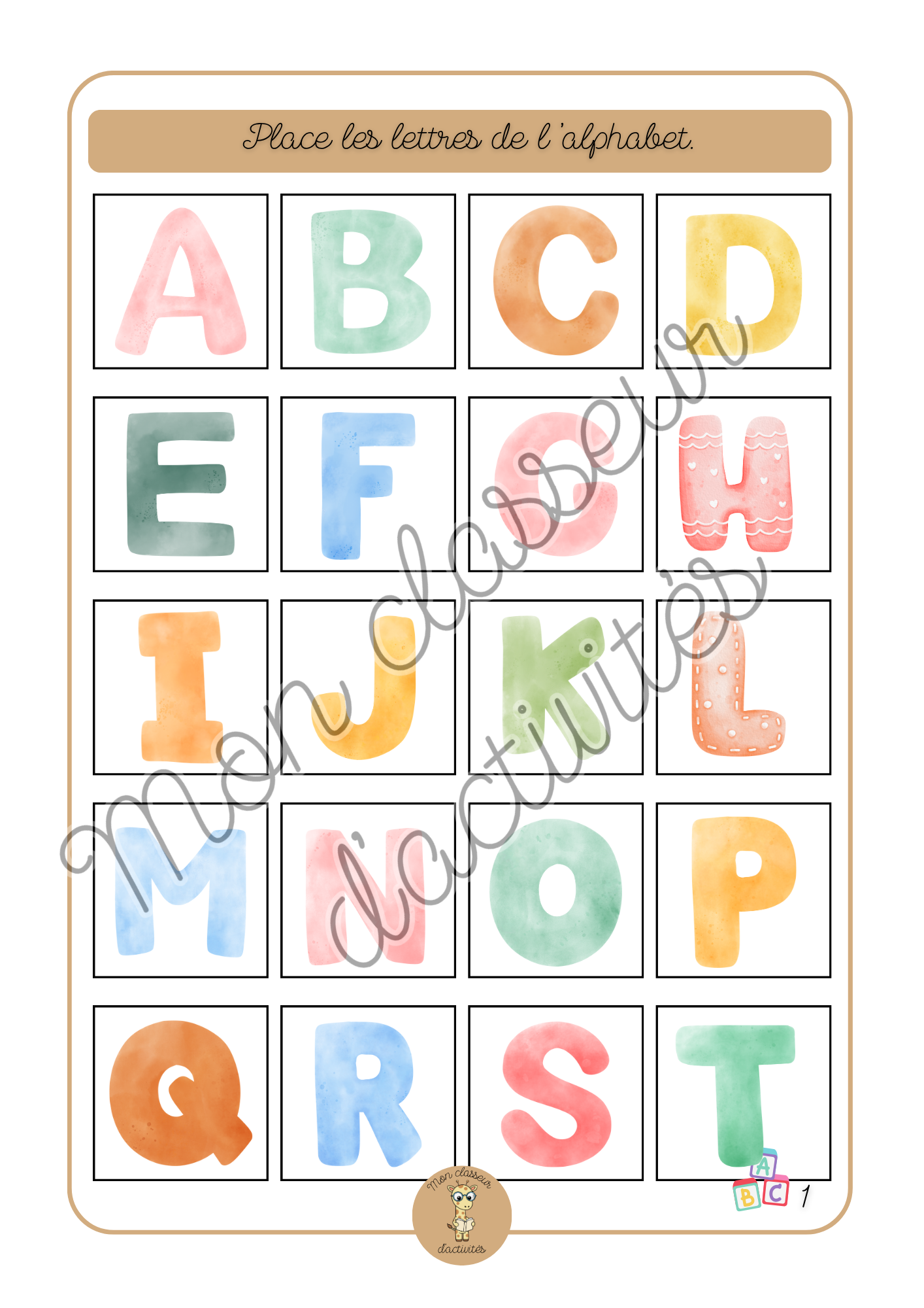 L'alphabet - Fiche 1 "Place les lettres de l'alphabet (Partie 1)"