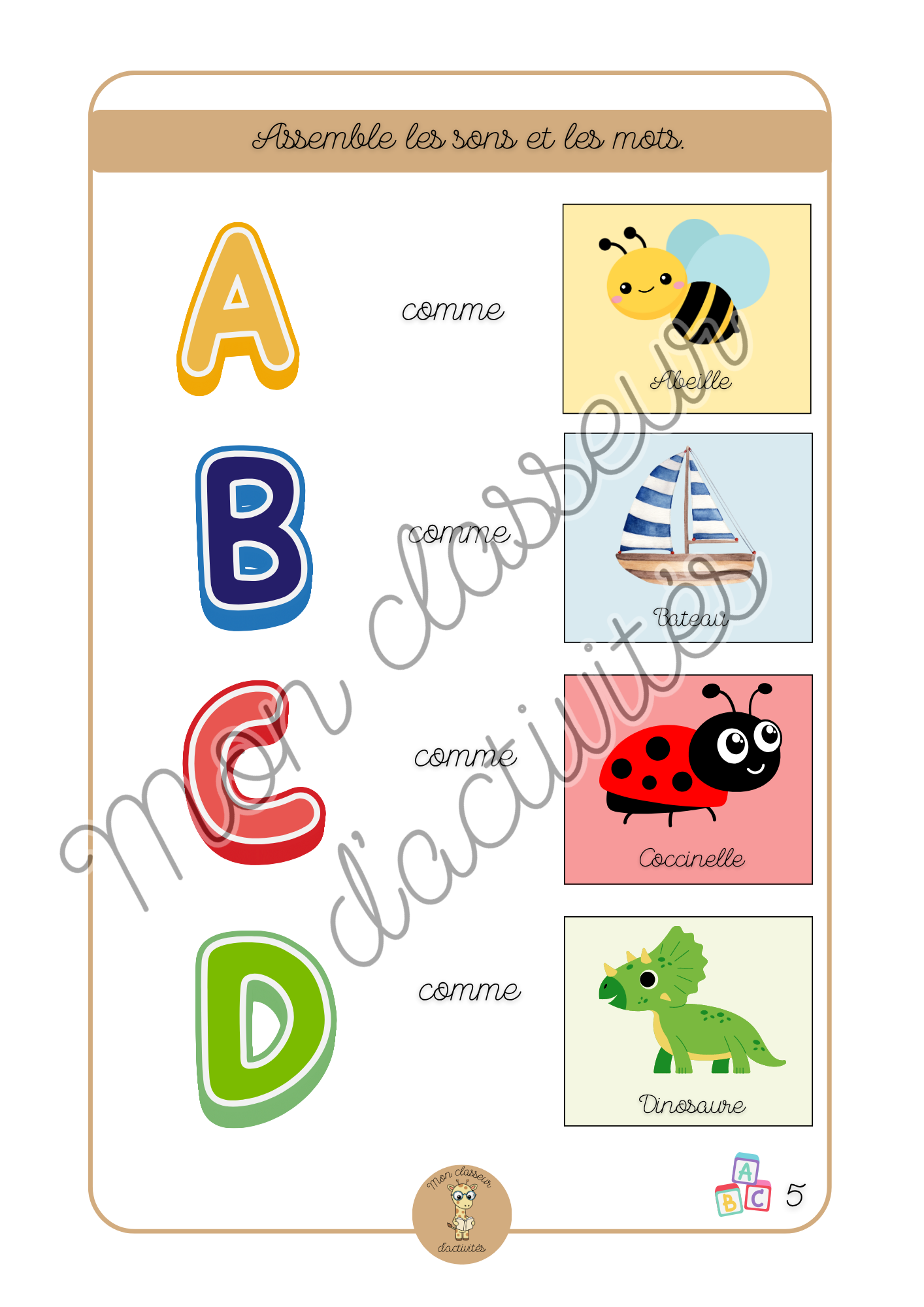 L'alphabet - Fiche 5 "Associe les sons et les mots"