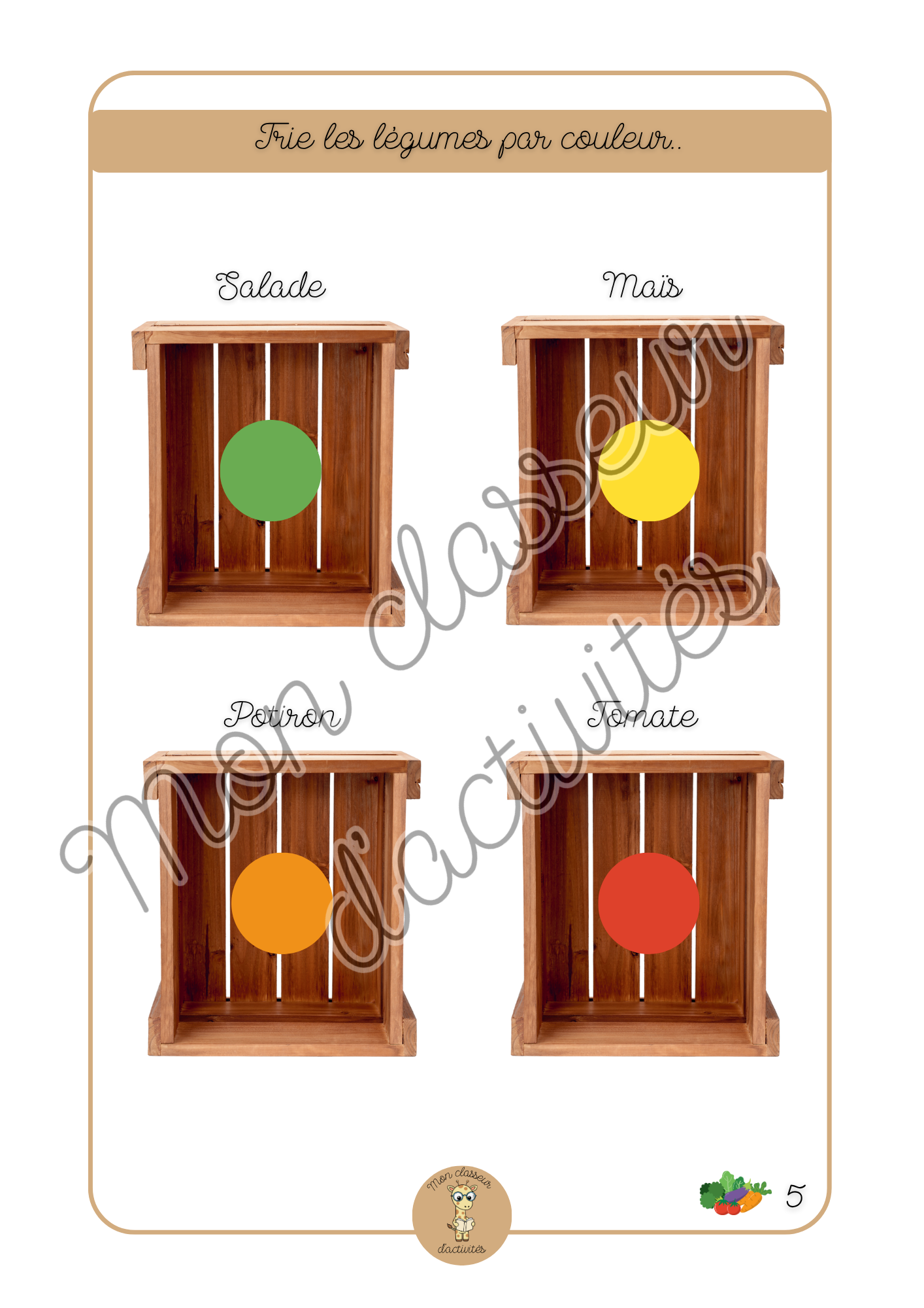 Les fruits et légumes - Fiche 5 "Trie les légumes par couleur"