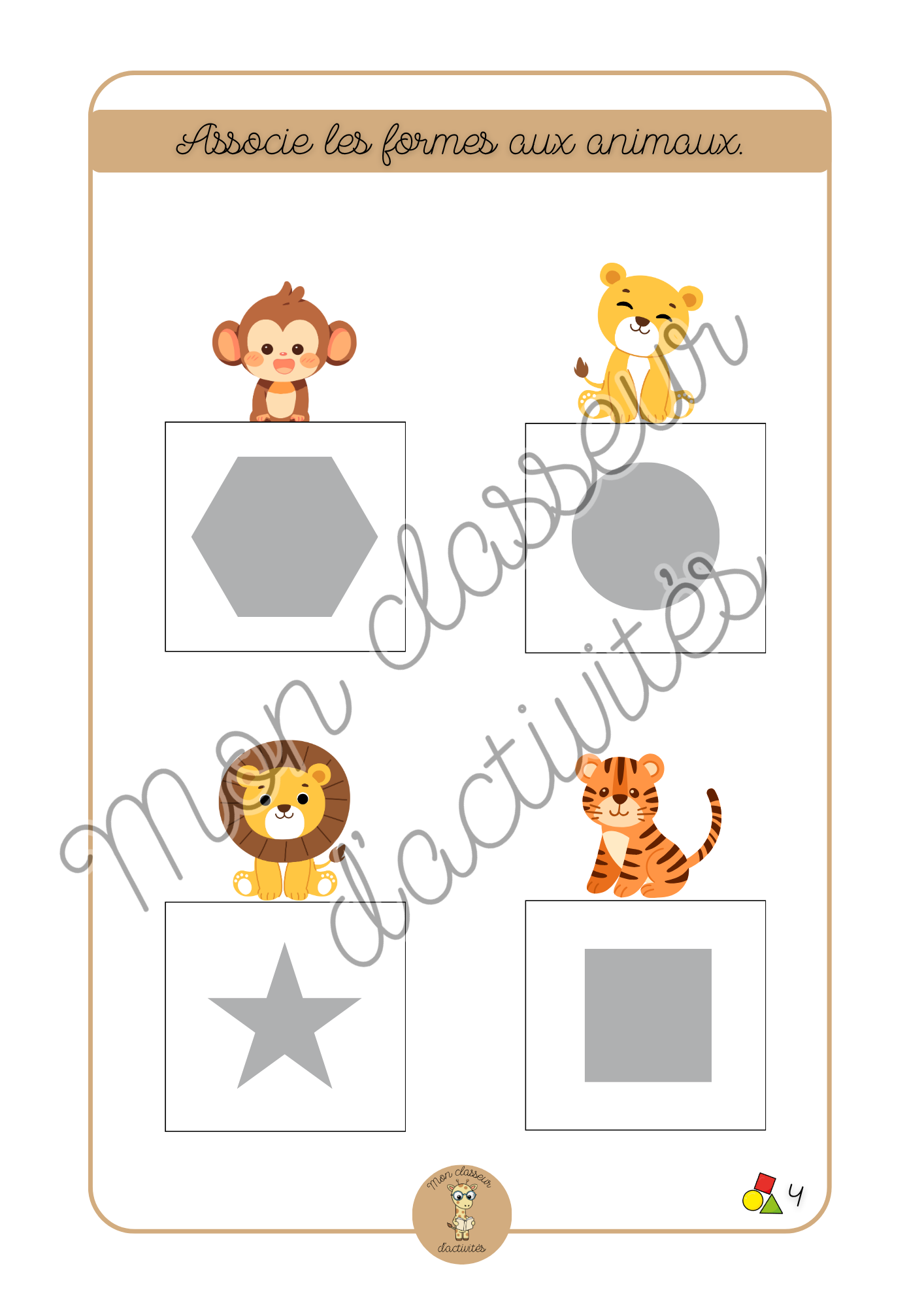 Les formes - Fiche 4 "Associe les formes aux animaux"