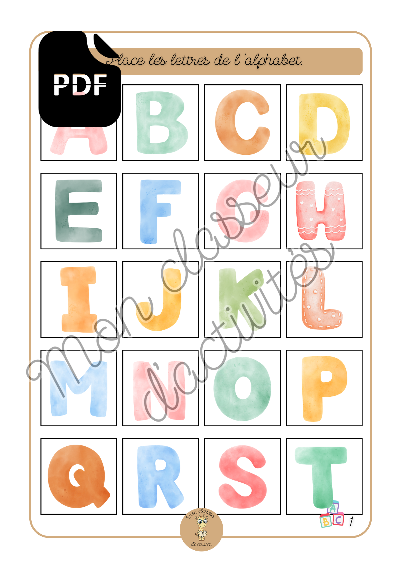 PDF- L'alphabet - Fiche 1 et Fiche 2"Place les lettres de l'alphabe"