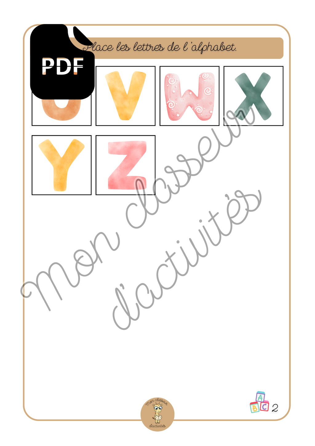 PDF- L'alphabet - Fiche 1 et Fiche 2"Place les lettres de l'alphabe"